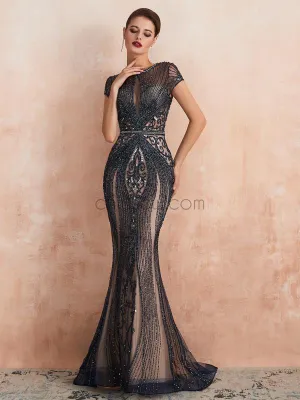 Luxury Mermaid Short Sleeve Beaded Navy Prom Dress, YKX088