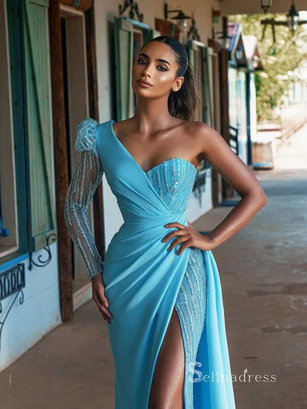 Mermaid Blue One Shoulder Long Sleeve Prom Dresses Beaded Evening Dresses MLH1218