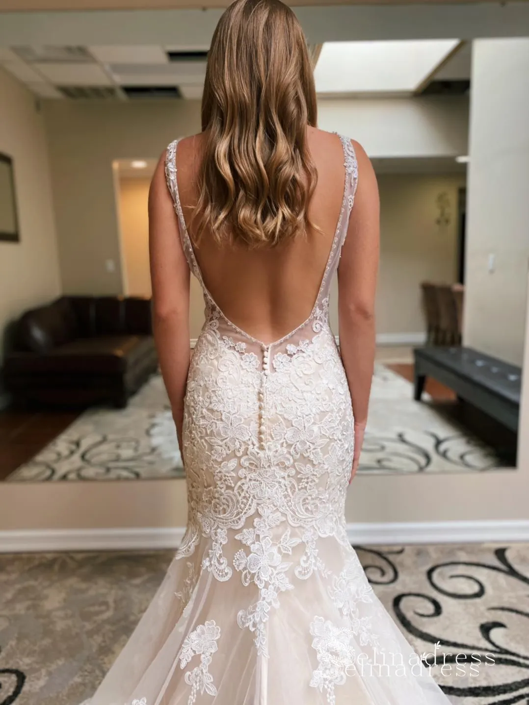 Mermaid Deep V neck Open Back Wedding Dresses Rustic Lace Bridal Gowns CBD497