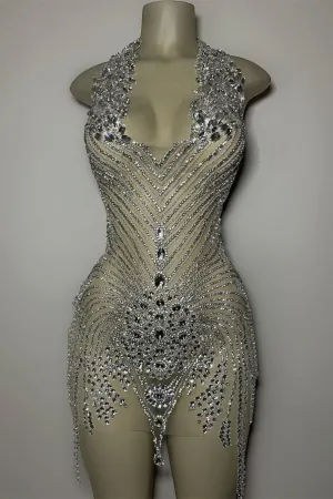 Mermaid Halter Sequined Jersey Beading Sleeveless Mini Rhinestone Party Dress