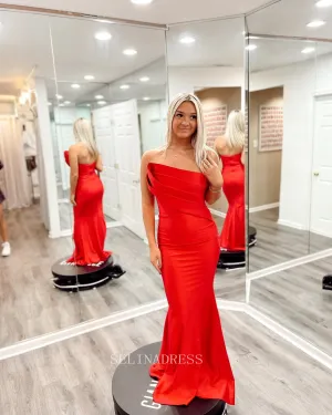 Mermaid Ruffles Red Prom Dress Cheap Satin Formal Dresses Evening Dress KPY006