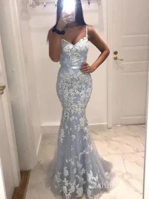 Mermaid Spaghetti Straps Lace Long Prom Dresses Sky Blue Evening Gowns MHL2872