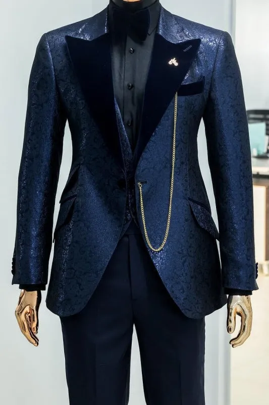 Navy Blue Peaked Lapel Jacquard Three Pieces Wedding Party Groom Blazer Pants