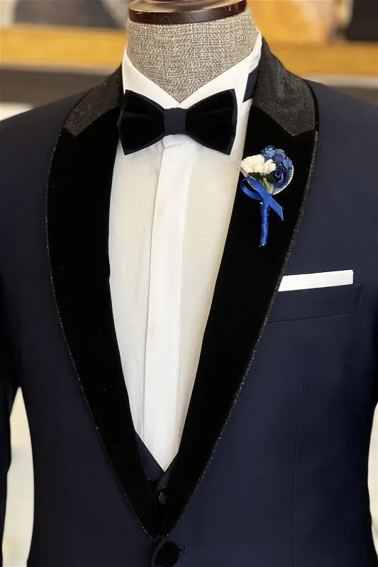 Navy Blue Peaked Lapel Two Pieces Prom Suits One Button Blazer Pants