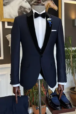 Navy Blue Peaked Lapel Two Pieces Prom Suits One Button Blazer Pants