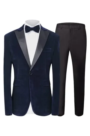 Navy Blue Peaked Lapel Two Pieces Velvet Prom Suits For Men