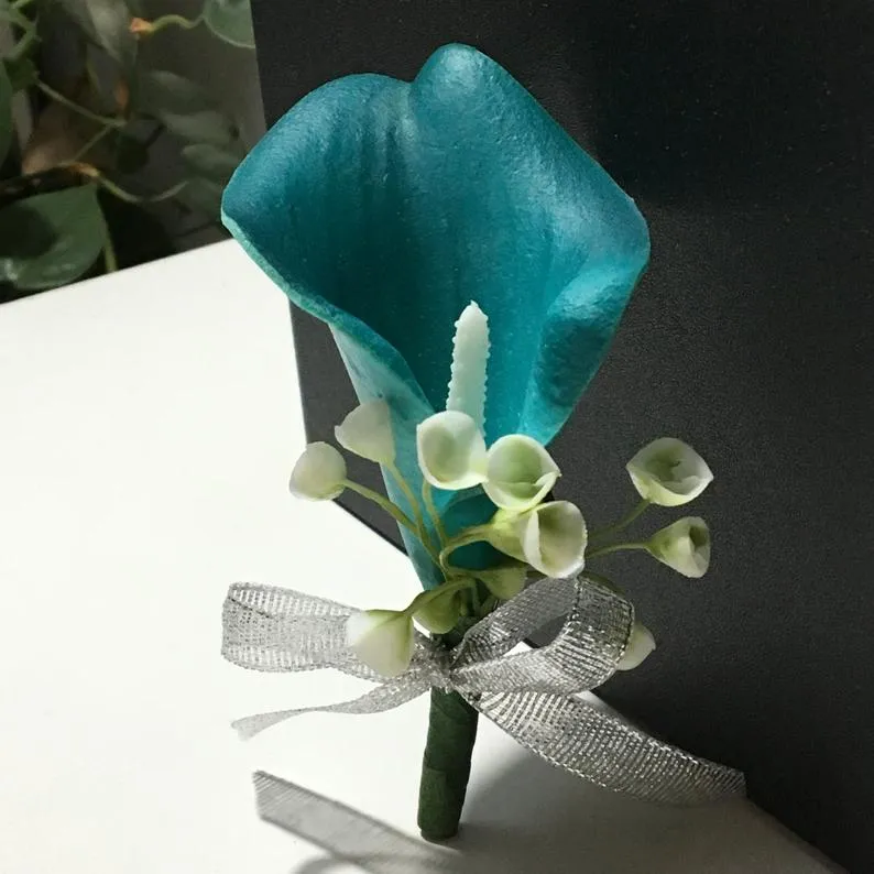 Oasis Teal Calla Lily Boutonniere Groom Bestman