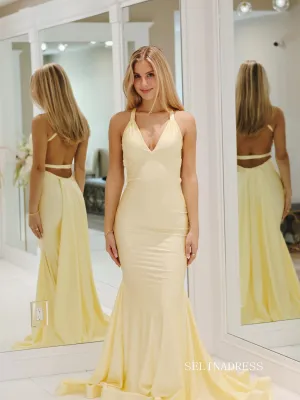 Pale Yellow Mermaid Satin Prom Dresses with Tail V-Neck Evening Dress EWR200