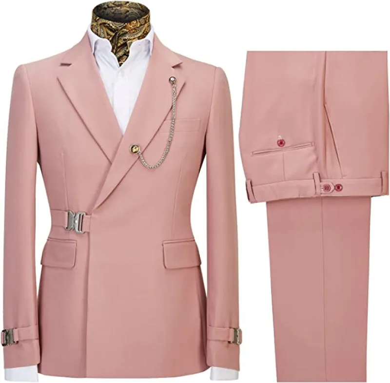 Pink Notched Lapel Slim Fit Prom Suits For Metal Side Release Buckle Tuxedo Suits