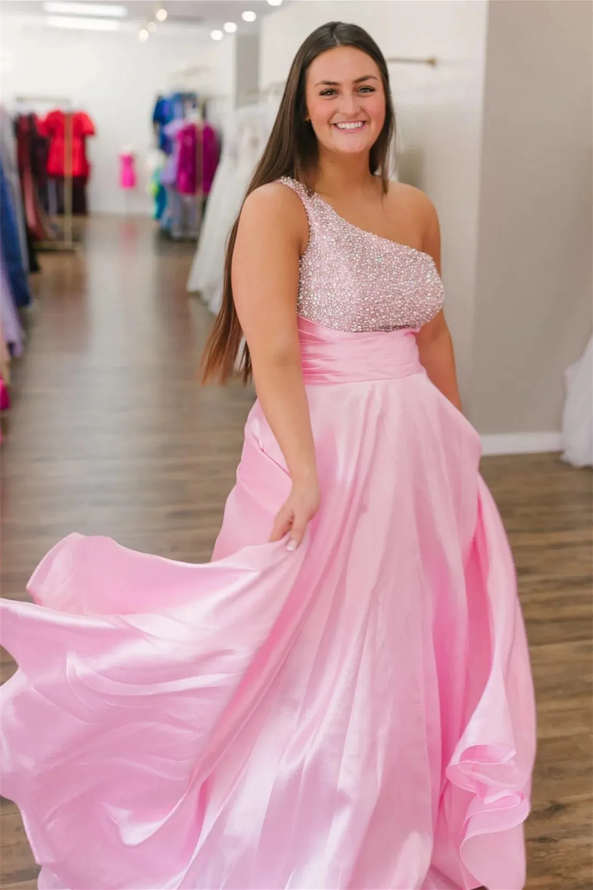 Plus Size One Shoulder Sequins Pink Long Prom Dress, One Shoulder Pink Formal Dress, Long Pink Evening Dress A1974