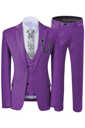 Purple Notched Lapel Black Dot Three Pieces Prom Suits for Men