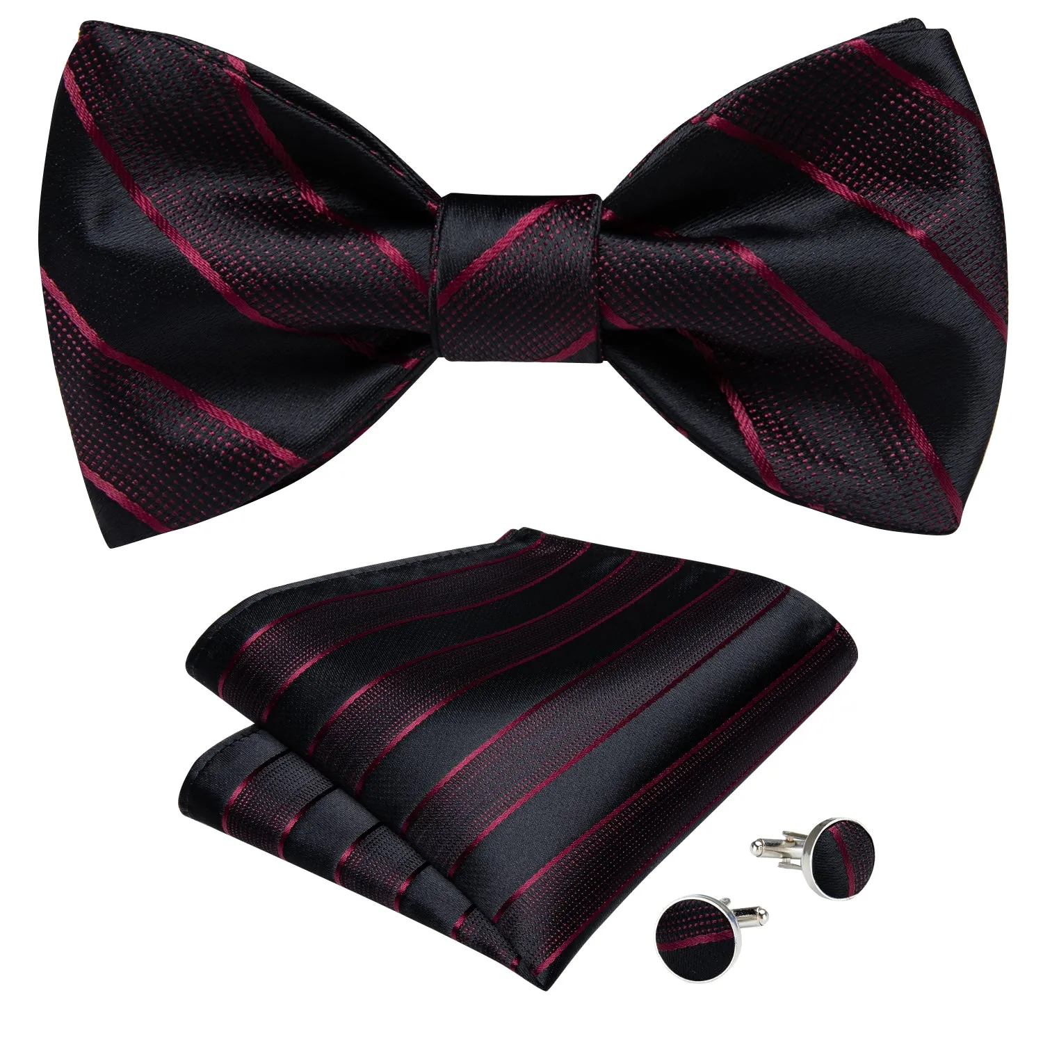 Red Black Paisley Self-Bowtie Pocket Square Cufflinks Set