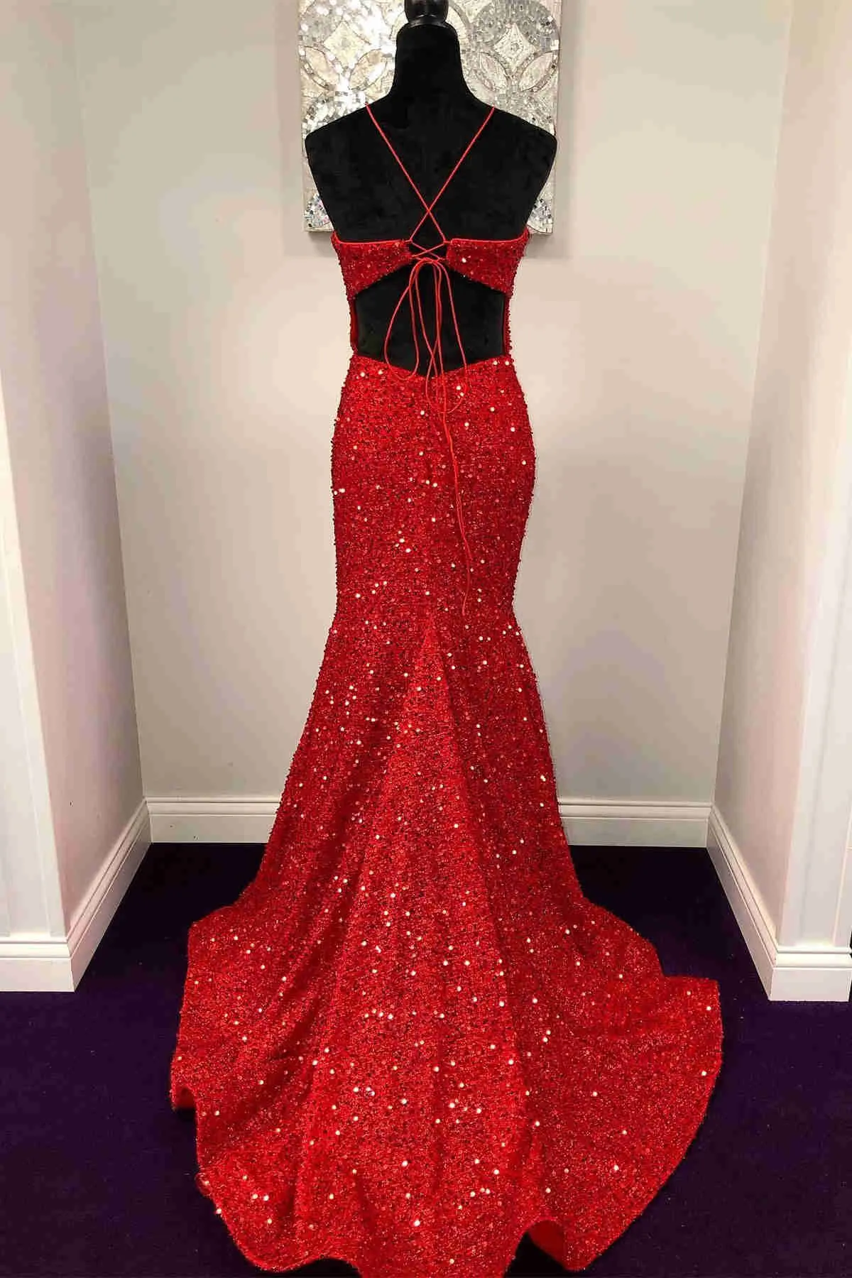 Red Halter Sequined Long Prom Dress with Lace Up Back ASSD010