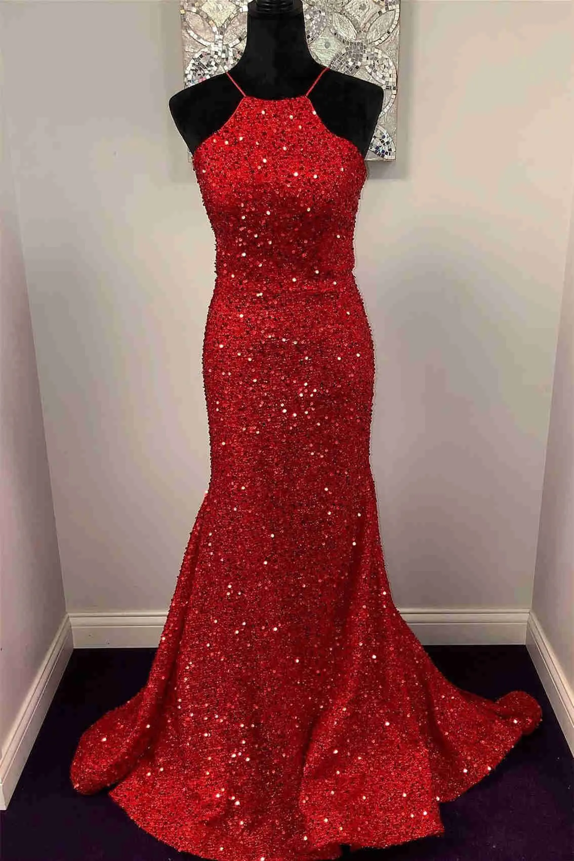 Red Halter Sequined Long Prom Dress with Lace Up Back ASSD010