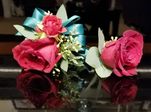 Red Rose Wrist Corsage & Boutonniere With Emerald Green Ribbon