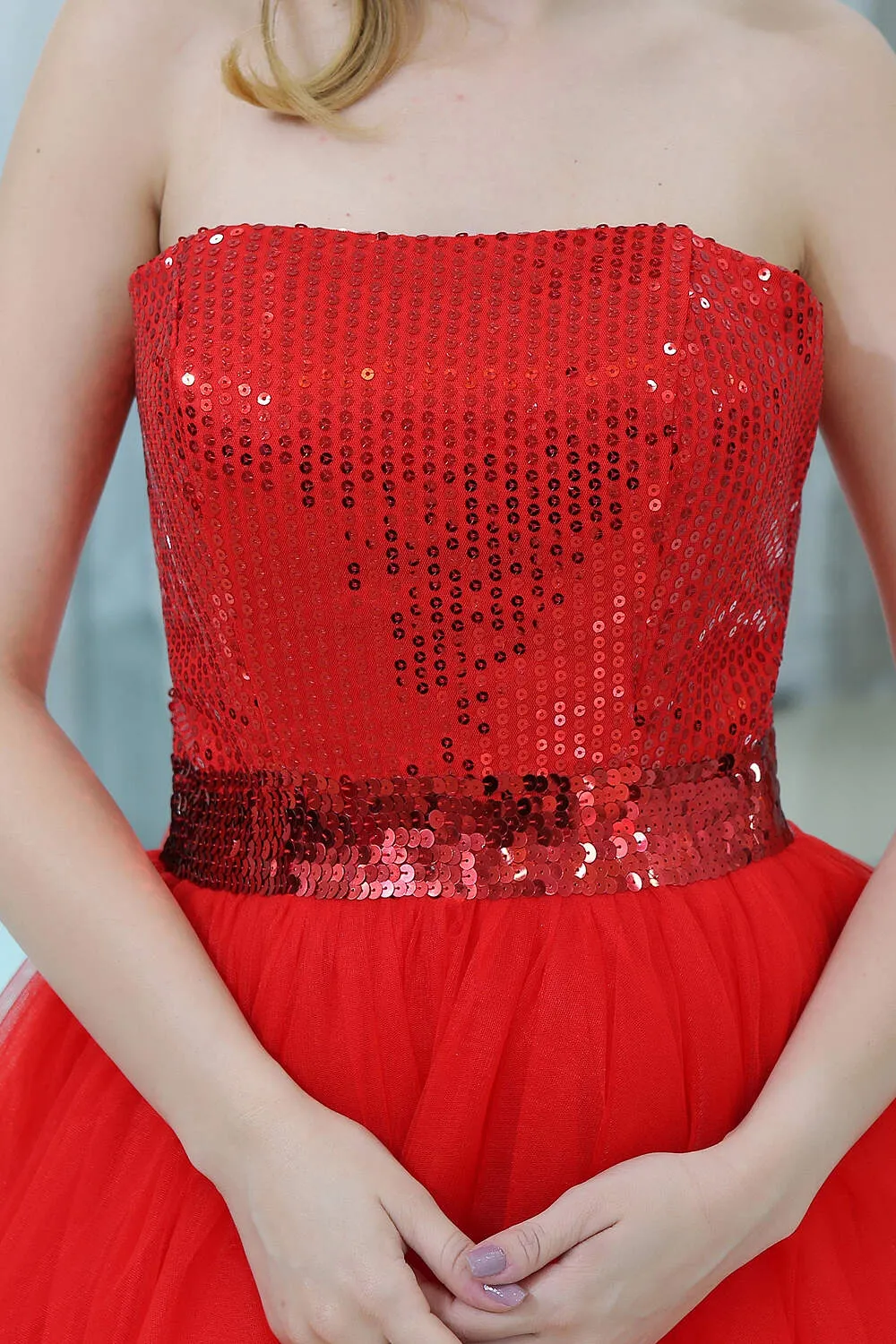 Red Sequined Tulle Strapless Homecoming Dresses