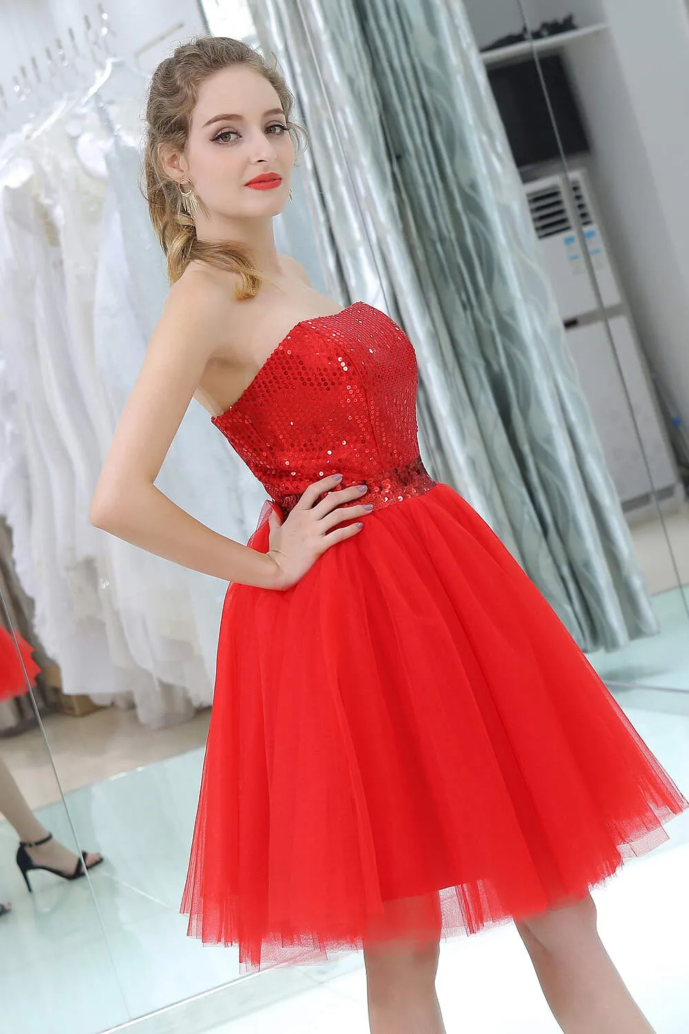 Red Sequined Tulle Strapless Homecoming Dresses