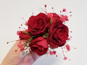 Red Spray Roses Silver Cuff Bracelet Corsage