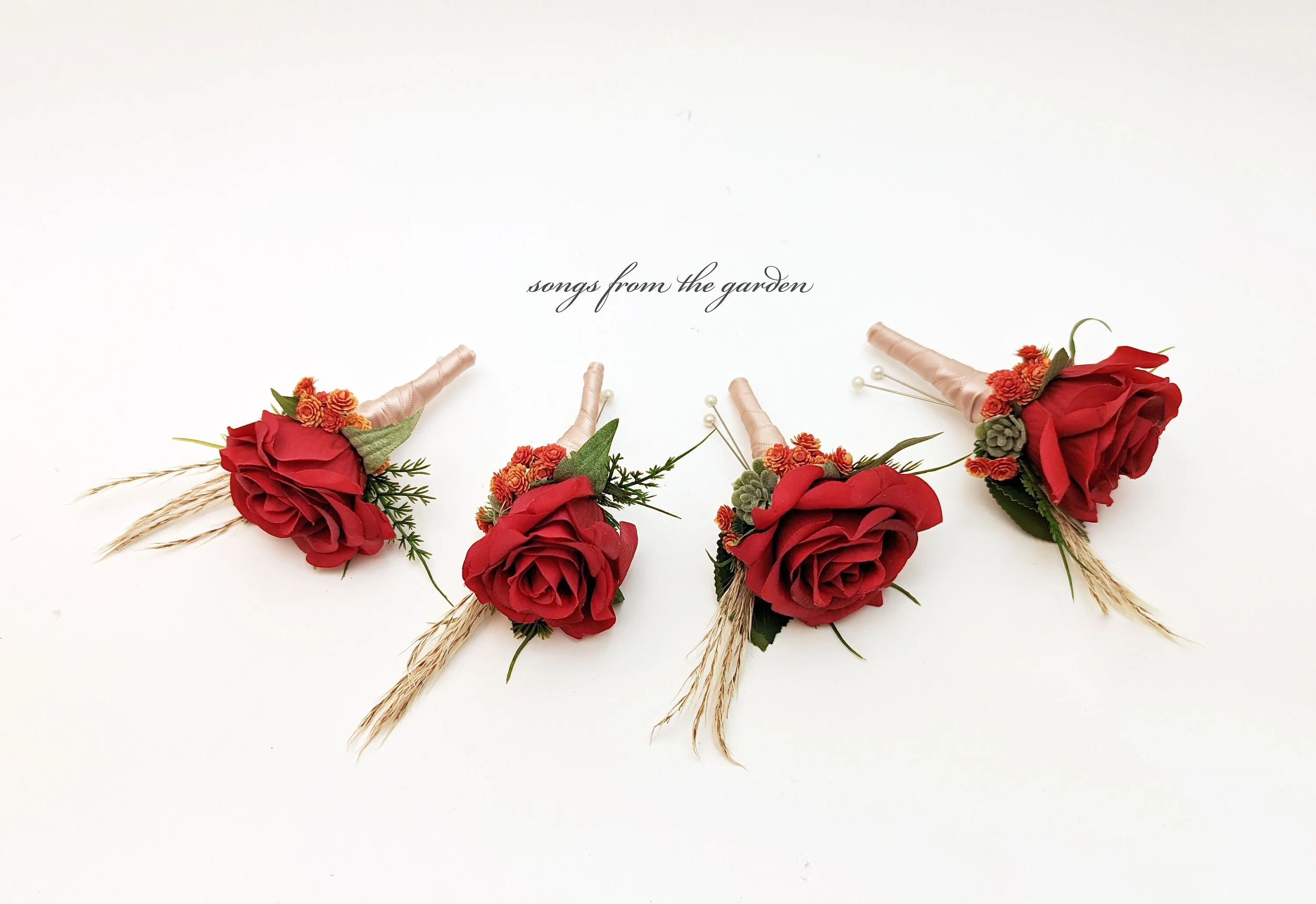 Rose Corsage or Boutionniere with Pampas Grass Succulents Orange Red - Real Touch Rose Wedding Boutonniere Corsage Homecoming Prom Corsage