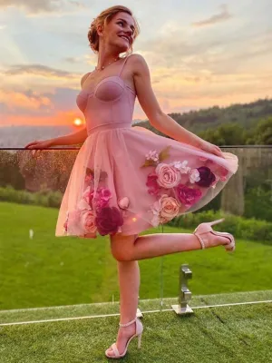 Rose Pink Short Prom Dresses with Flowers, Short 3D Flowers Graduation Homecoming Dresses