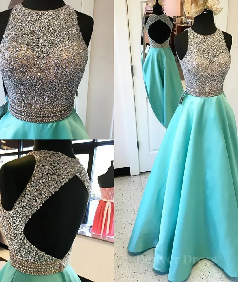 Round Neck Sequin Open Back Green Prom Dresses Evening Dresses