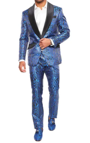 Royal Blue & Black Leopard Print Tuxedo with Black Shawl Lapel