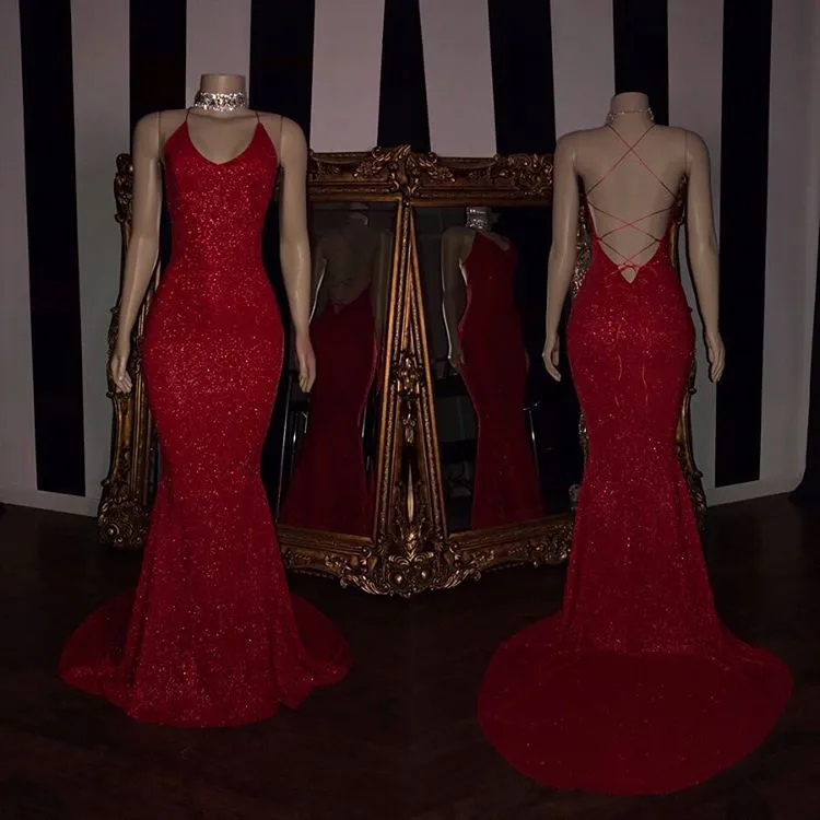 Sexy Red Sequins Prom Dresses | Mermaid Strings Back Evening Gowns BC1379