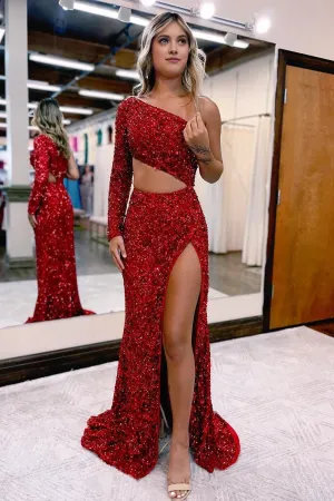 Sheath One Shoulder Red Sequins Long Prom Dress with Silt