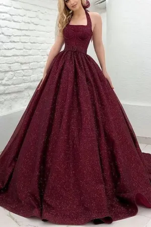 Shiny Halter Open Back Burgundy Prom Dresses Long, Open Back Maroon Formal Evening Dresses, Burgundy Ball Gown A1870