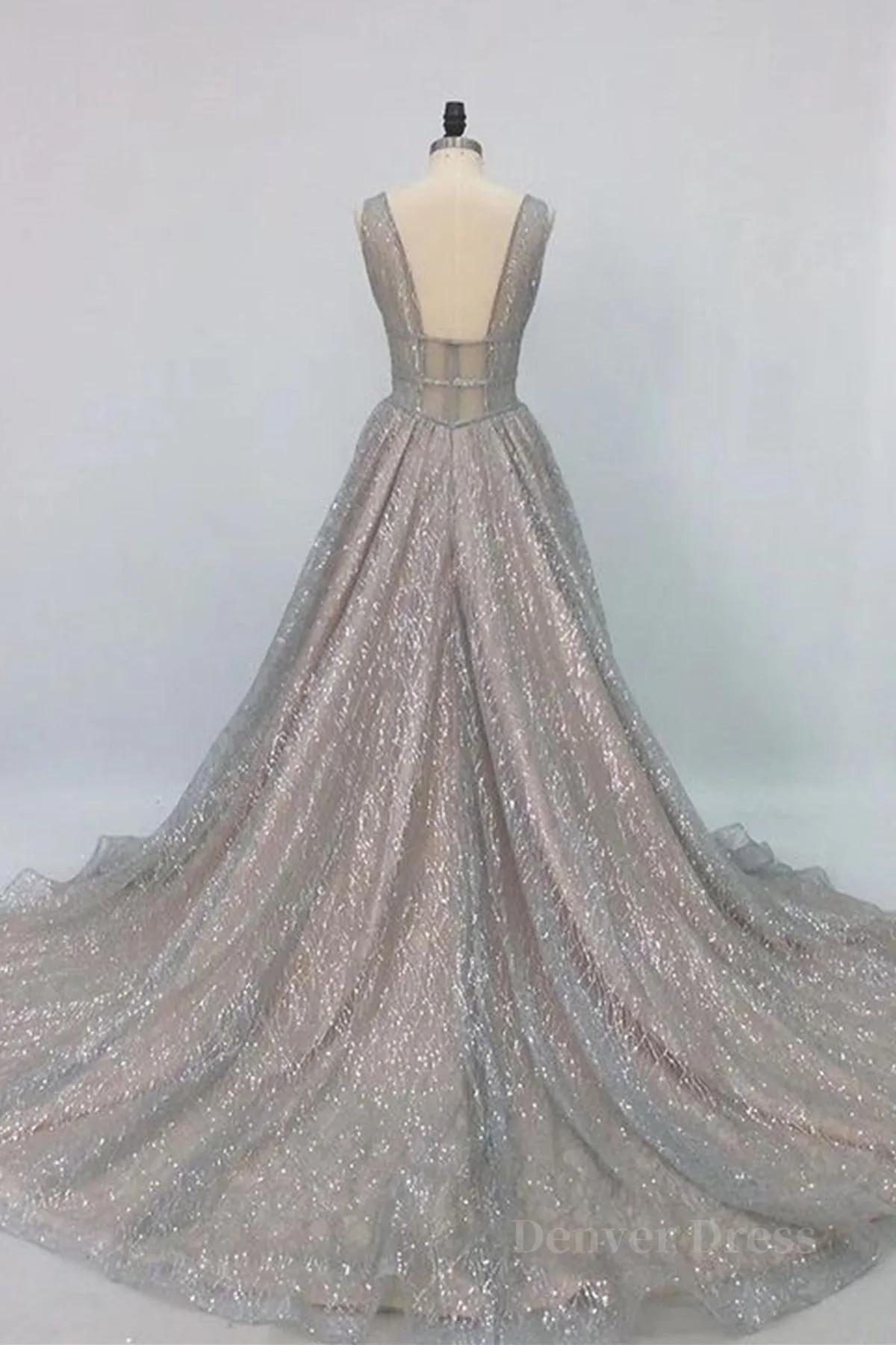 Shiny V Neck Open Back Champagne Long Prom Dresses Champagne Formal Graduation Evening Dresses