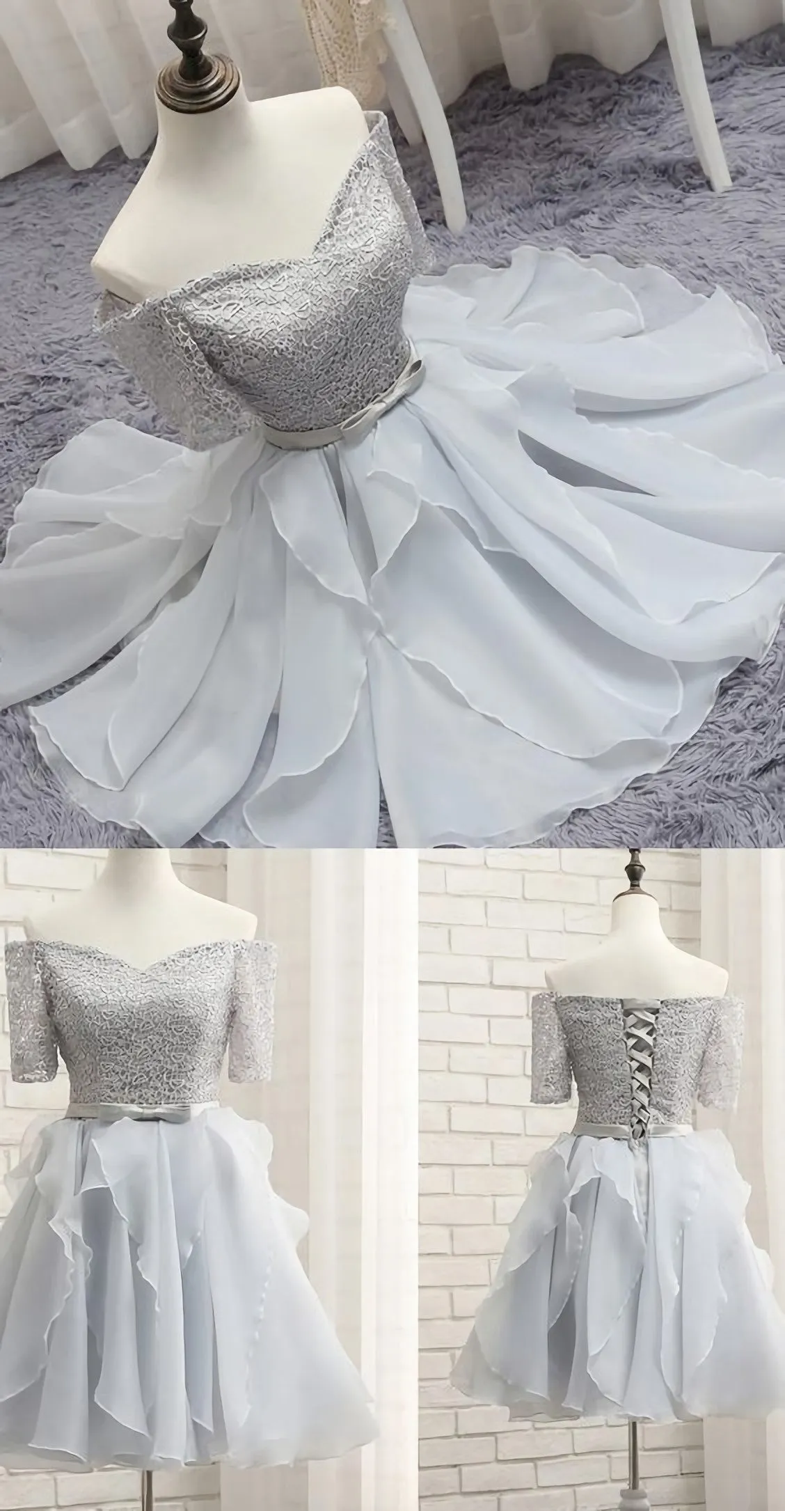 Short Silver Party Homecoming Dresses With Bowknot Lace Up Mini Great Prom Dresses B0272