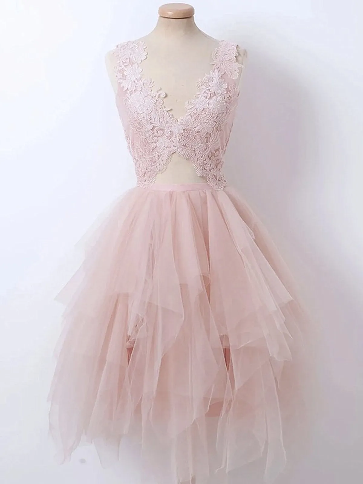 Short V Neck Pink Lace Prom Dresses, Short Pink Lace Formal Homecoming Dresses