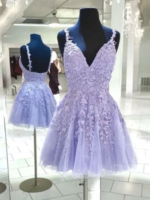 Short V Neck Purple Lace Prom Dresses, Short Purple Lace Formal Homecoming Dresses