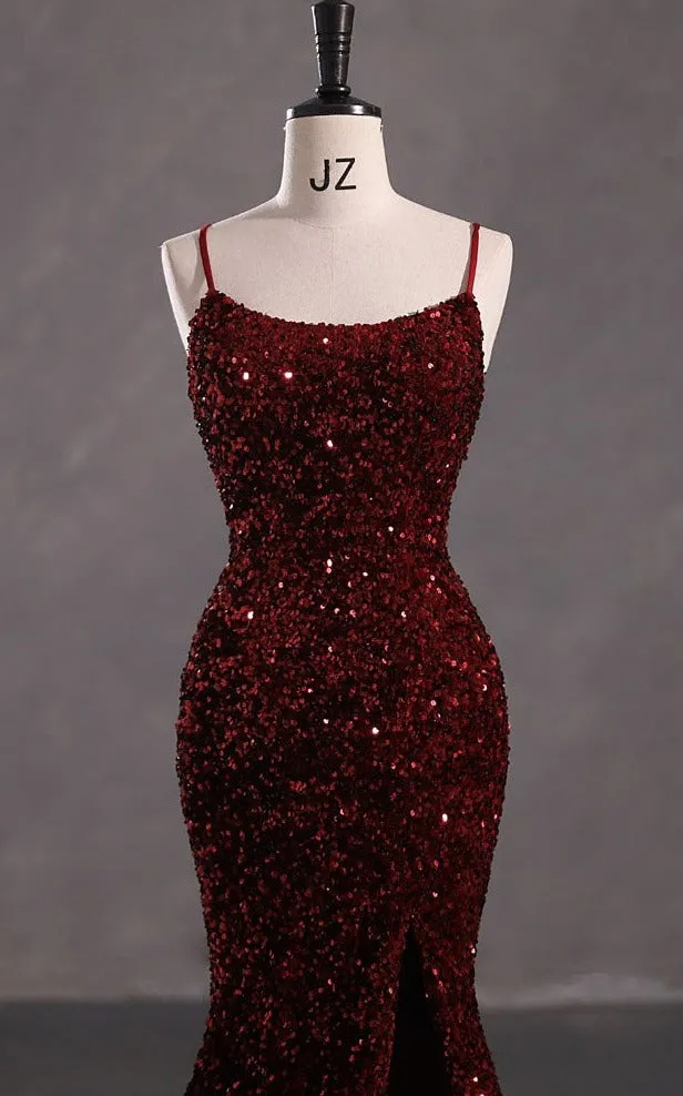 Slim Burgundy Shimmery Open Back Formal Prom Evening Dress