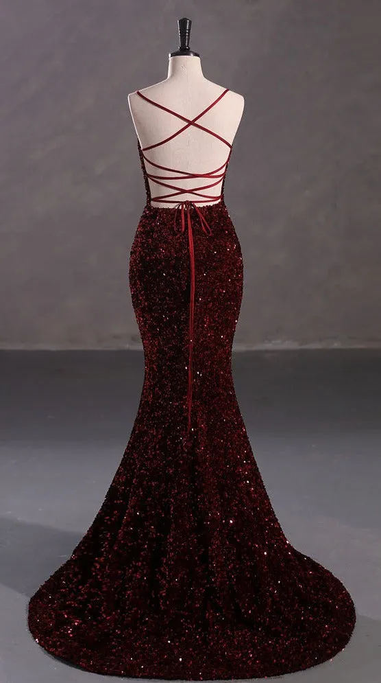 Slim Burgundy Shimmery Open Back Formal Prom Evening Dress