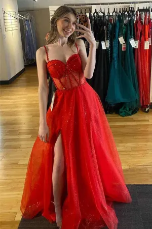 Straps Beaded A-Line Sparkly Red Prom Dress with Split  PSK503