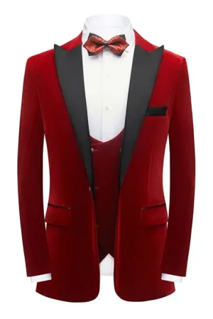 Three Pieces Red Velvet Prom Suits Peaked Lapel Jacket Vest Pants