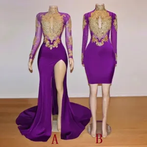 Unique Prom Dresses Long Sleeve High Neck Beaded Split Prom Dresses