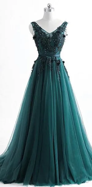 Elegant V-Neck Dark Green Long Evening Prom Dress, Affordable Sweet 16 Gown, Style 12378