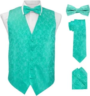 Vittorio Farina Men's Mint Woven Paisley Vest, Necktie, Bow Tie and Pocket Square Set (White Back)