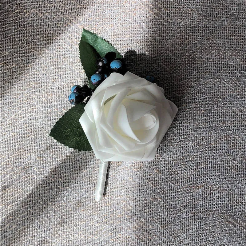 White Flower Boutineer Foam Roses Corsage and Boutonniere