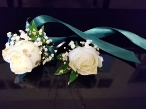 White Roses Corsage & Boutonniere with Long Teal Ribbon