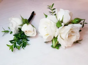 White Spray Roses Silver Cuff Corsage & Boutonniere with Black Ribbon