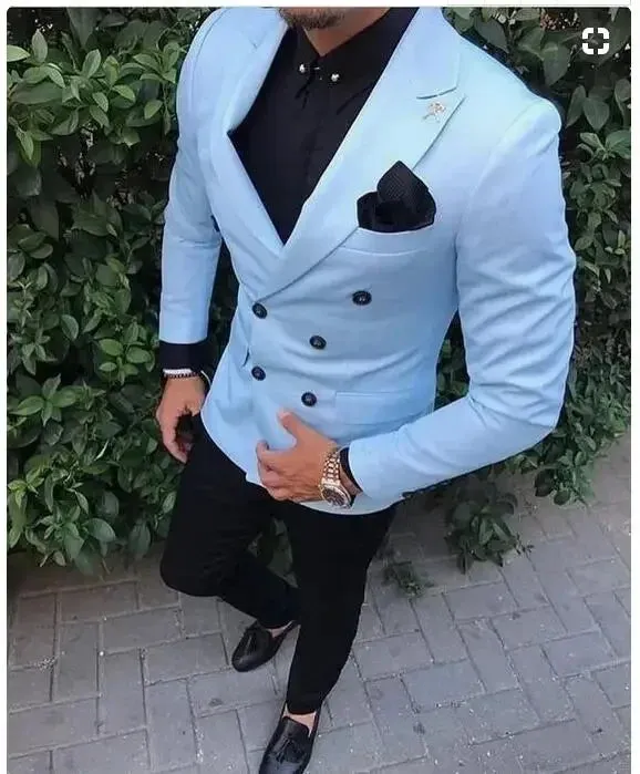 Wiaofellas  -  guys clothing style Sky Blue Men Suit Causal Double Breasted Blazer Sets Slim Fit 2 Piece Prom Tuxedo Custom Groom Wedding Suits For Men Jacket Pant