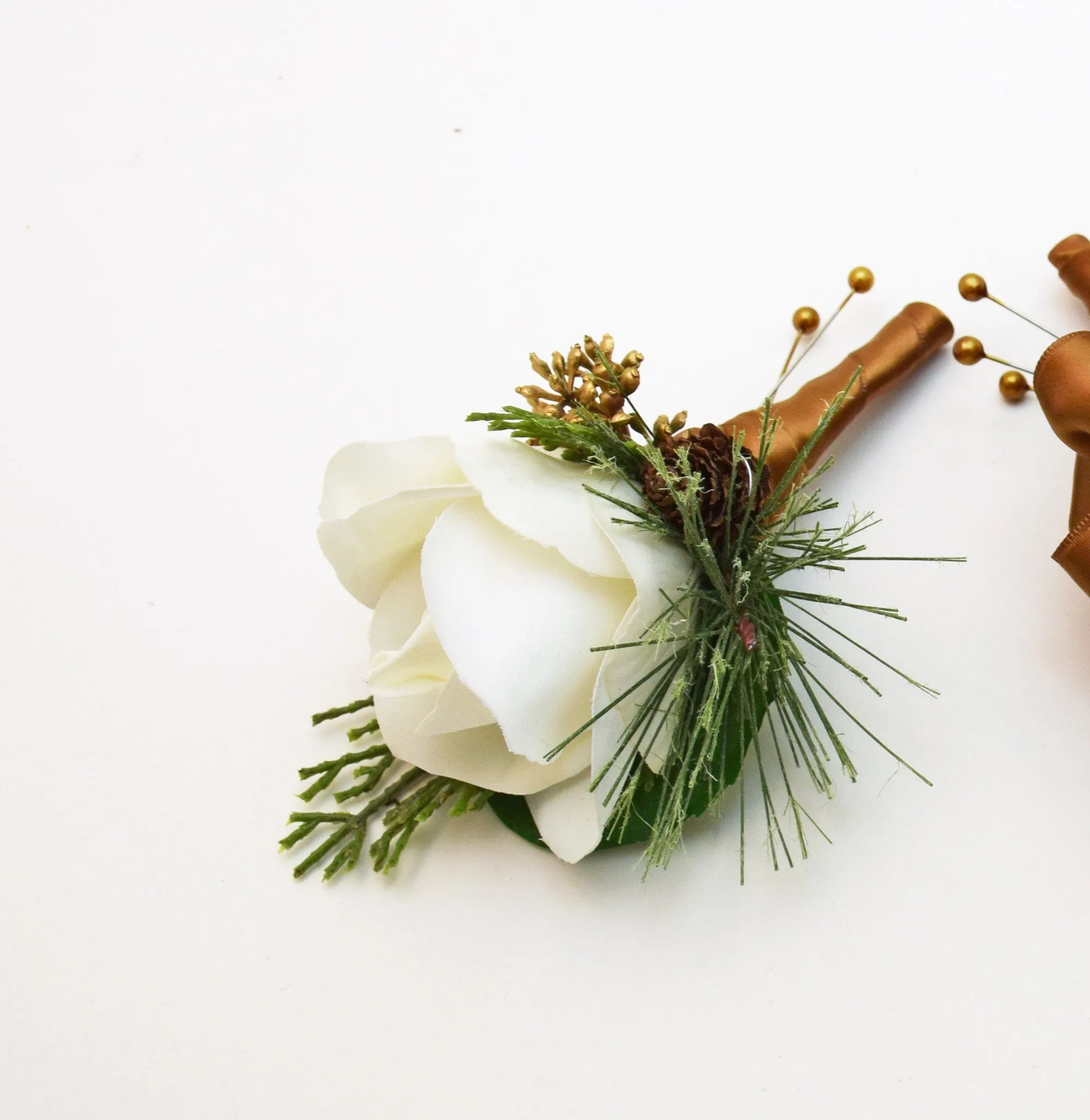 Winter Boutonnieres - White Real Touch Rose Pinecone Pine Juniper Accent  - Wedding Groom Groomsmen Boutonnieres Prom Homecoming Boutonniere